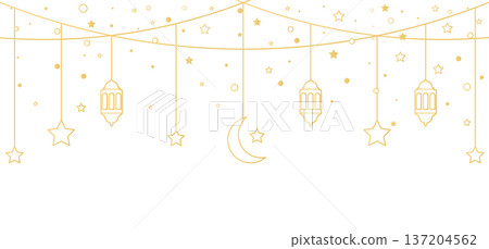 Ramadan Kareem line hanging baubles. Arabic traditional eastern lanterns garland. Muslim ornament. Eid Mubarak banner. Holiday Night. Golden crescent, star. Islam decoration. Vector illustration Ramadan Kareem line hanging baubles. Arabic traditional eastern lanterns garland. Muslim ornament. Eid Mubarak banner. Holiday Night. Golden crescent, star. Islam decoration. Vector illustration 137204562
