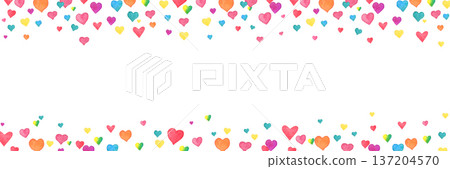 Valentines Day frame with watercolor hand drawn heart. Bright confetti falling on white background. Women Day banner. Celebration bg. 8 March card. Wedding invitation border. Vector illustration 137204570