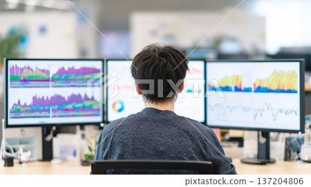 A male employee analyzing data on multiple monitors A male employee analyzing data on multiple monitors 137204806