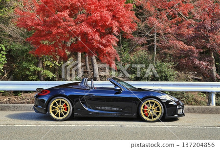 秋葉和一輛閃亮的黑色敞篷車 137204856
