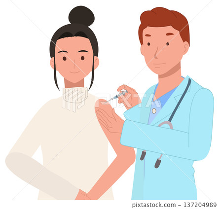 adult woman getting flu or covid vaccine shot from healthcare professional at hospital 137204989
