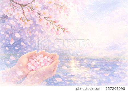 Cherry blossom petals wrapped in light and a hopeful water surface background (with copy space) 137205090