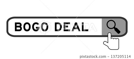 Search banner in word bogo deal with hand over magnifier icon on white background Search banner in word bogo deal with hand over magnifier icon on white background 137205114