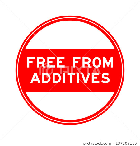 Red color round seal sticker in word free from additives on white background 137205119