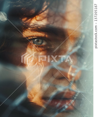 Close-up vertical portrait of a young handsome man viewed through cracked glass. Conceptual art of mental health, shattered identity, reflection. This is AI-generated item Close-up vertical portrait of a young handsome man viewed through cracked glass. Conceptual art of mental health, shattered identity, reflection. This is AI-generated item 137205187