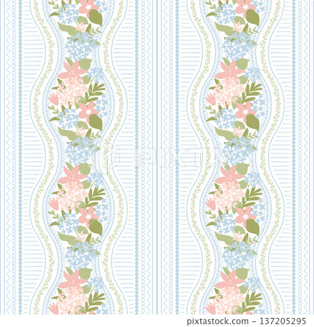 Preppy floral striped seamless pattern in pastel color. Hand drawn vector coquette print design, textile. Lace and flowers Preppy floral striped seamless pattern in pastel color. Hand drawn vector coquette print design, textile. Lace and flowers 137205295