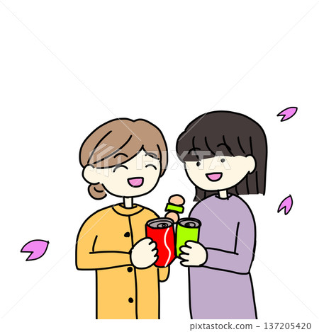 Women toasting under cherry blossom petals 137205420