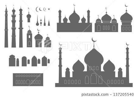 A collection of mosque silhouettes featuring domes, minarets, crescents, and arches arranged in various architectural forms, in solid gray against white background, creating an Islamic-themed design 137205540