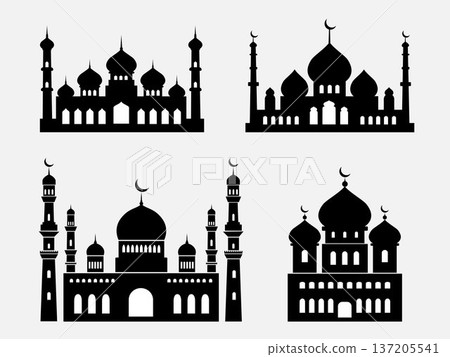 A set of black mosque silhouettes against a light background, featuring large domes, crescent moons, minarets, arches, and detailed Islamic architectural elements.	 137205541