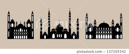 A horizontal arrangement of black mosque silhouettes against a soft beige background, featuring multiple architectural styles with domes, crescent moons, minarets, arches, and symmetrical facades. A horizontal arrangement of black mosque silhouettes against a soft beige background, featuring multiple architectural styles with domes, crescent moons, minarets, arches, and symmetrical facades. 137205542