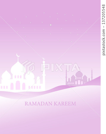 Illustration of a serene Ramadan night scene with mosque silhouettes set across rolling desert hills, in soft purple and pink gradients, and the text RAMADAN KAREEM, for an Islamic greeting card. Illustration of a serene Ramadan night scene with mosque silhouettes set across rolling desert hills, in soft purple and pink gradients, and the text RAMADAN KAREEM, for an Islamic greeting card. 137205548
