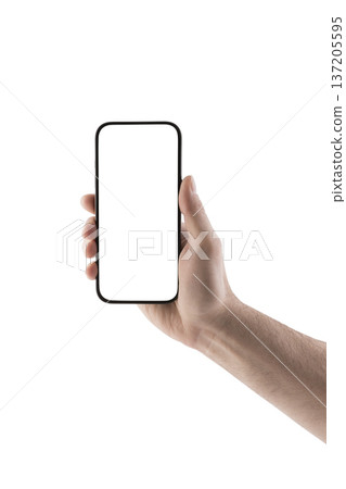 Hand holding modern smartphone with blank screen isolated on white background with clipping path 137205595