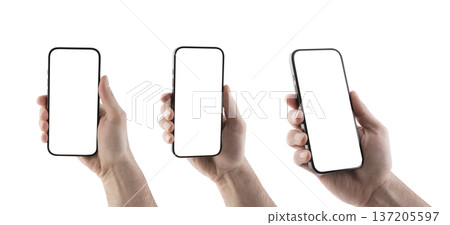 Hand holding modern smartphone with blank screen isolated on white background with clipping path Hand holding modern smartphone with blank screen isolated on white background with clipping path 137205597