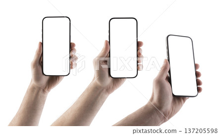 Hand holding modern smartphone with blank screen isolated on white background with clipping path Hand holding modern smartphone with blank screen isolated on white background with clipping path 137205598