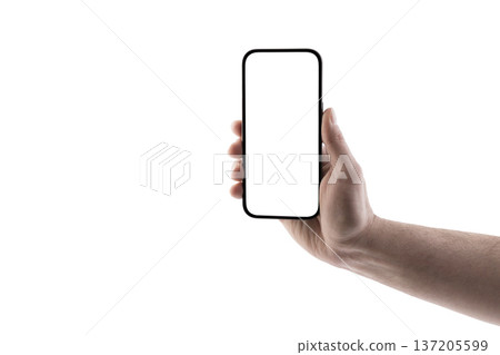 Hand holding modern smartphone with blank screen isolated on white background with clipping path 137205599