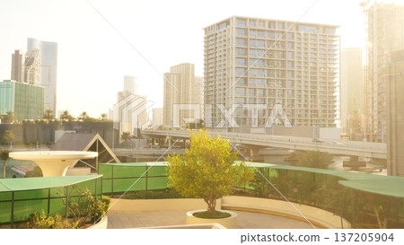 Urban skyline view with modern buildings and greenery in foreground Urban skyline view with modern buildings and greenery in foreground 137205904