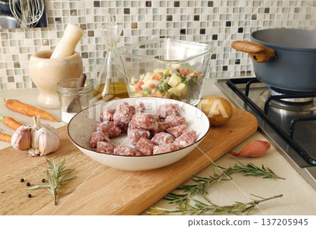 Ingredients for traditional Italian minestrone soup with vegetables and sausage. Food and healthy lifestyle. Mediterranean cuisine. 137205945