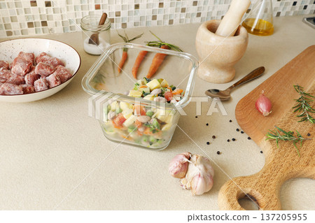 Ingredients for traditional Italian minestrone soup with vegetables and sausage. Food and healthy lifestyle. Mediterranean cuisine. 137205955