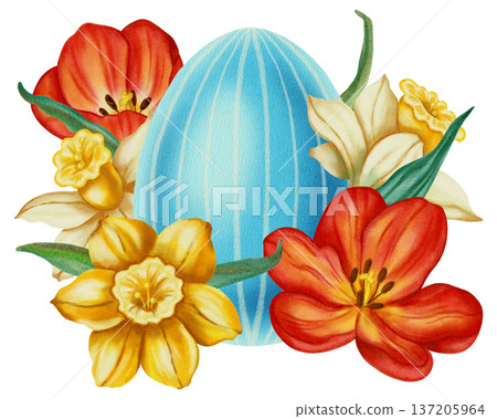 Watercolor illustration of an Easter egg surrounded by spring flowers tulips, daffodils, and mimosa. Happy Easter. Perfect for spring holidays, greeting cards, seasonal decor, packaging, and textiles Watercolor illustration of an Easter egg surrounded by spring flowers tulips, daffodils, and mimosa. Happy Easter. Perfect for spring holidays, greeting cards, seasonal decor, packaging, and textiles 137205964