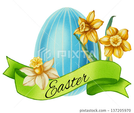 Happy Easter. A watercolor illustration of an Easter egg with daffodils and a green ribbon with the words - Easter. Perfect for spring holidays, greeting cards, seasonal decor, packaging, and textiles Happy Easter. A watercolor illustration of an Easter egg with daffodils and a green ribbon with the words - Easter. Perfect for spring holidays, greeting cards, seasonal decor, packaging, and textiles 137205970