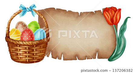 A hand-drawn watercolor Easter background featuring a parchment scroll, a wicker basket with colorful Easter eggs, and tulips. Perfect for cards, invitations, packaging, and seasonal decor 137206382