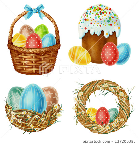 Watercolor Easter set with traditional symbols: wicker basket with eggs, festive cake kulich, bird nest, and floral wreath. Perfect for cards, invitations, packaging, and seasonal decor Watercolor Easter set with traditional symbols: wicker basket with eggs, festive cake kulich, bird nest, and floral wreath. Perfect for cards, invitations, packaging, and seasonal decor 137206383