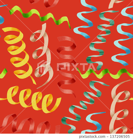 Vibrant watercolor seamless pattern of colorful curly ribbons and paper streamers. Hand-painted festive serpentine background for holiday greeting cards, birthday parties, children's clothing textiles Vibrant watercolor seamless pattern of colorful curly ribbons and paper streamers. Hand-painted festive serpentine background for holiday greeting cards, birthday parties, children's clothing textiles 137206505