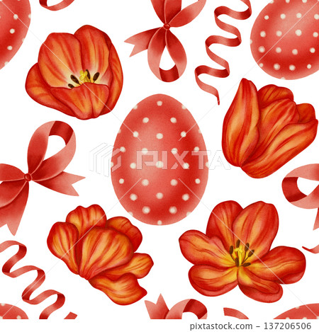 A seamless watercolor pattern with red tulips, polka-dot Easter eggs, and bows. An elegant spring floral backdrop for holiday packaging, textiles and decor, greeting cards, and invitations. A seamless watercolor pattern with red tulips, polka-dot Easter eggs, and bows. An elegant spring floral backdrop for holiday packaging, textiles and decor, greeting cards, and invitations. 137206506