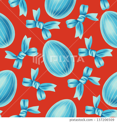 Watercolor seamless pattern with blue striped Easter eggs and soft blue bows. Festive spring background for holiday packaging, textiles, decor, greeting cards, invitations 137206509