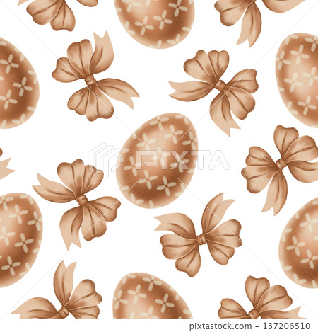 Watercolor seamless pattern with beige Easter eggs featuring floral patterns and matching tan bows. Festive spring background for holiday packaging, textiles, decor, greeting cards, invitations Watercolor seamless pattern with beige Easter eggs featuring floral patterns and matching tan bows. Festive spring background for holiday packaging, textiles, decor, greeting cards, invitations 137206510