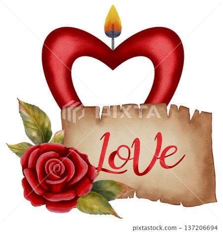 Romantic watercolor illustrations with hearts, candles, and roses, letter, parchment, scroll. Ideal for Valentine's Day cards, romantic stationery, and festive holiday branding, packaging, textiles. Romantic watercolor illustrations with hearts, candles, and roses, letter, parchment, scroll. Ideal for Valentine's Day cards, romantic stationery, and festive holiday branding, packaging, textiles. 137206694