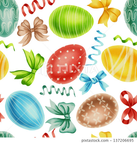 A seamless watercolor pattern with colorful Easter eggs, festive ribbons, and bows. A festive backdrop for spring celebrations, gift wrapping, and textiles. A seamless watercolor pattern with colorful Easter eggs, festive ribbons, and bows. A festive backdrop for spring celebrations, gift wrapping, and textiles. 137206695