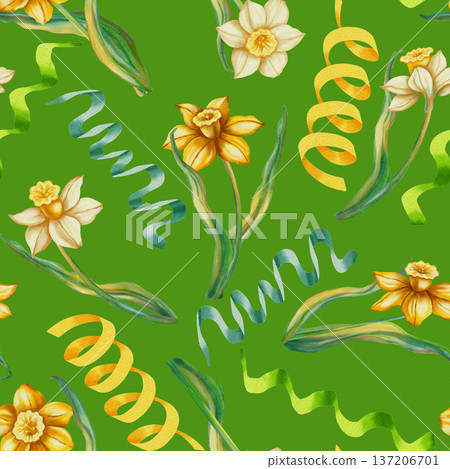 Seamless watercolor pattern with daffodils and festive curly ribbons. Hand drawn spring floral background for Easter holidays and party decor. Perfect for textiles, packaging, cards, and invitations. 137206701
