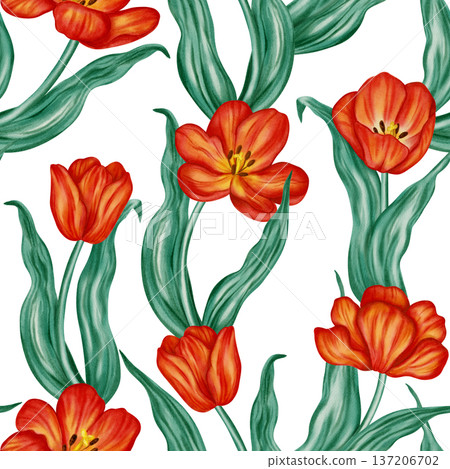 Seamless watercolor pattern with vibrant red tulips and green leaves. Elegant floral background for spring holidays, Easter designs, textile, and wrapping paper. 137206702