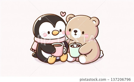 Cute Penguin and Bear Enjoying Hot Chocolate 137206796