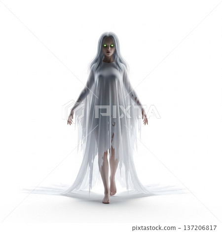 Ethereal Woman in Spectral White Gown with Glowing Green Eyes on White 137206817