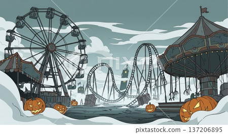 Pixel Art Amusement Park Landscape With Ferris Wheel and Roller Coaster Under Cloudy Skies 137206895