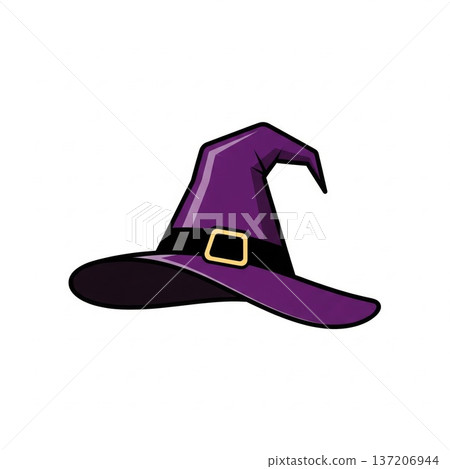 Pixelated Purple Witch Hat with Gold Buckle on a White Background Illustration 137206944
