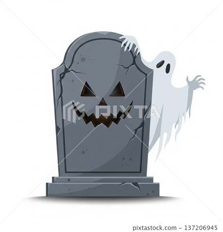 Cartoon Style Gray Tombstone with Pixelated Cracked Texture and Ghost on White Background 137206945