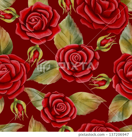 Elegant seamless pattern with hand-drawn watercolor red roses. Perfect for Valentine's Day, weddings, romantic gift wrapping, and floral textile prints. 137206947