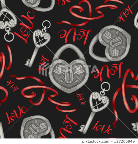 Watercolor seamless pattern with heart locks, keys and love lettering. Perfect for Valentine's Day designs, gift wrap, packaging, stationery, cafes, shops, menus and romantic branding. 137206949