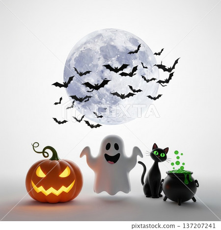 Halloween Scene with Pumpkin Ghost Cat Bats and Cauldron on White 137207241