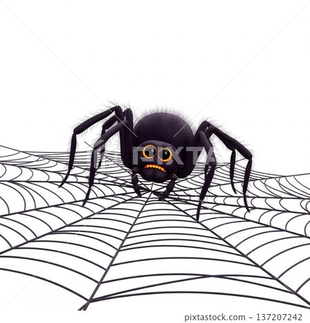 Cartoon Black Spider on Detailed Cobweb with White Background Illustration Art 137207242