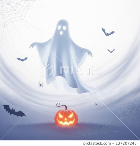 Ethereal White Ghost Hovering Above Glowing Jack o Lantern Under Moonlight With Flying Bats 137207243