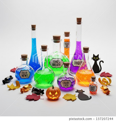Assorted Glass Bottles with Colorful Potions Halloween JackOLantern Decor 137207244