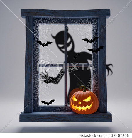 Halloween Pumpkin and Spooky Silhouette in Window with Bats Decoration 137207246