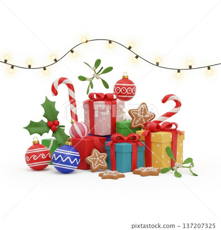 Festive Christmas Presents and Decoration with Holiday Ornaments String Lights and Festive Candy 137207325