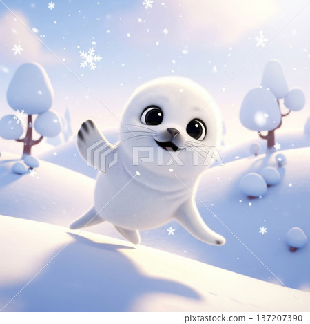 Adorable White Seal Pup Running Down Snowy Hill with Winter Trees and Falling Snowflakes 137207390