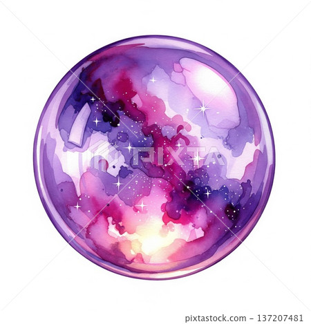 Watercolor Sphere with Cosmic Galaxy Patterns of Purple and Pink on White Backdrop 137207481