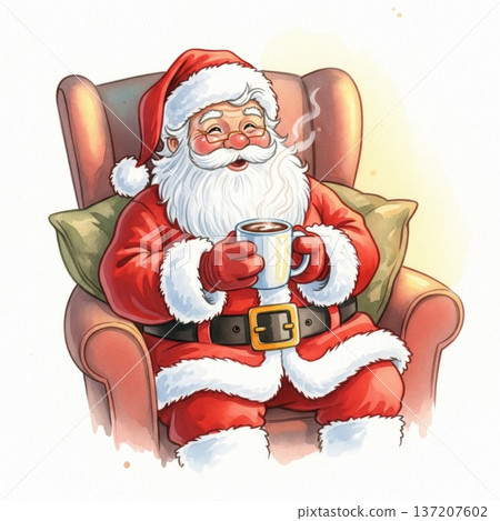 Joyful Santa Claus Relaxing in Armchair with Hot Chocolate Beverage on White Background 137207602